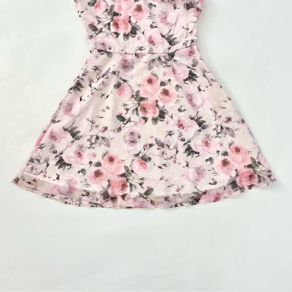 NWOT Pink Floral One Shoulder Ruffle Trim High Waist Flared Mini Dress XS - Picture 10 of 15